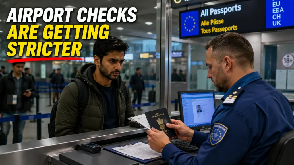 Indian traveler at Europe airport immigration checkpoint - AI Generated