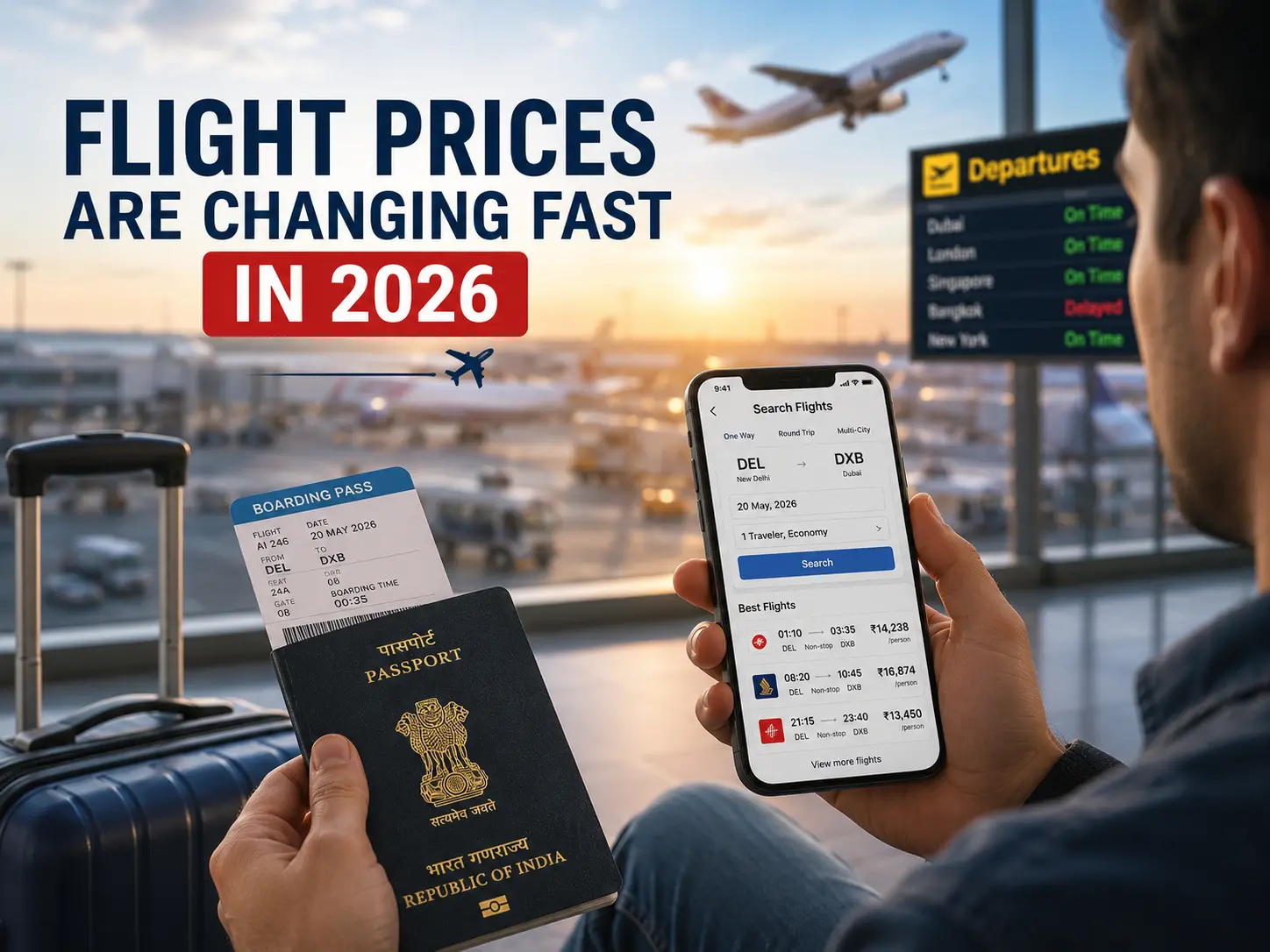 Traveler checking international flight ticket prices on mobile phone at airport