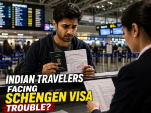 Indian traveler facing Schengen visa issue at airport check-in counter - AI Generated