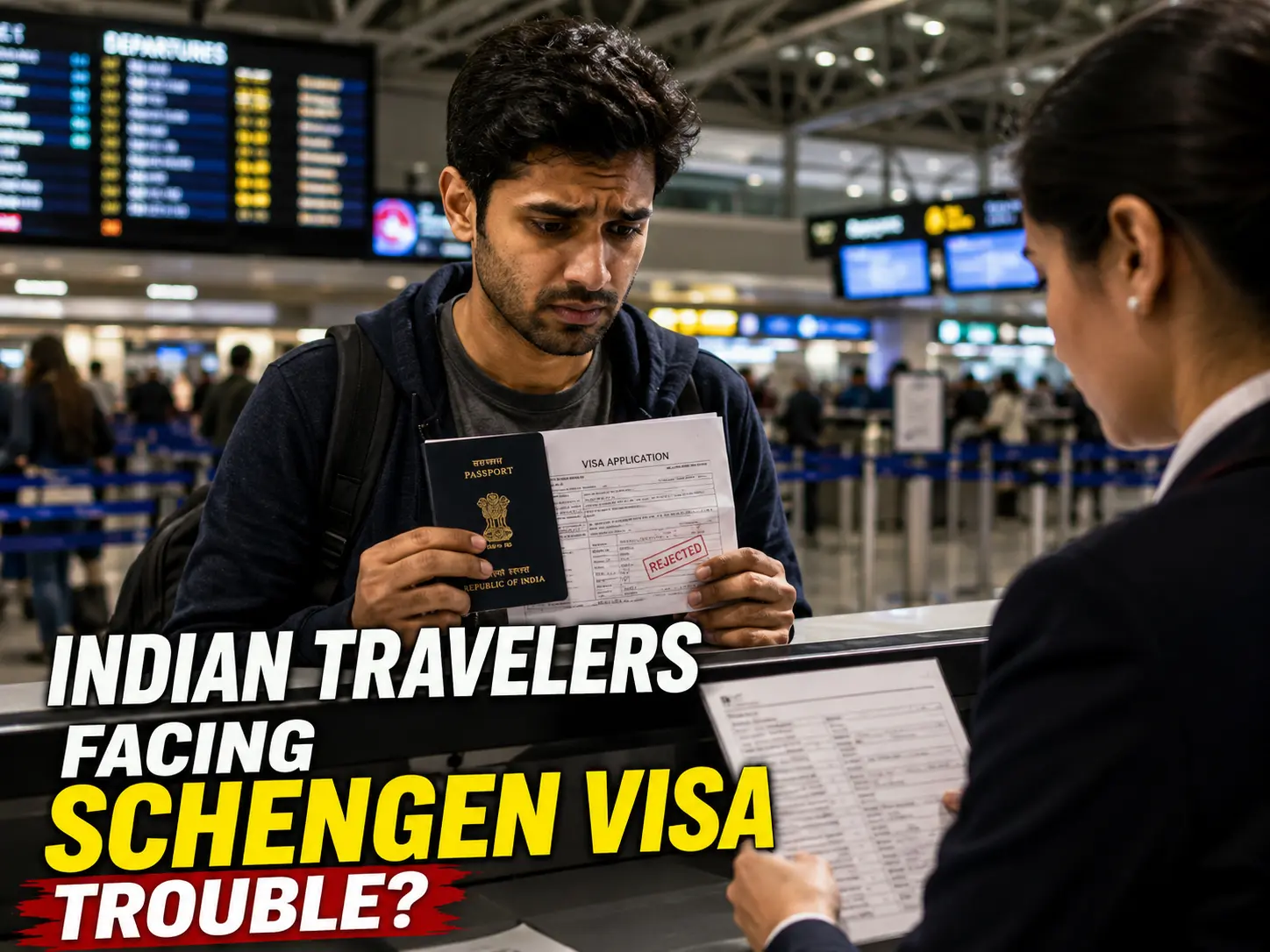 Indian traveler facing Schengen visa issue at airport check-in counter - AI Generated