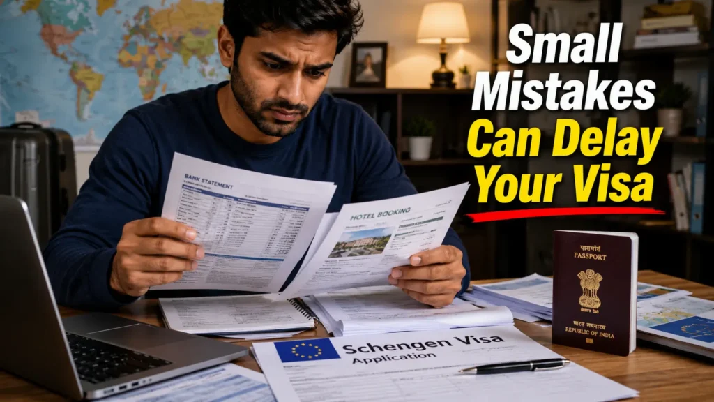 Indian traveler checking Schengen visa documents before Europe travel - AI Generated