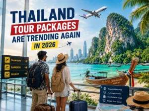 Indian travelers planning Thailand vacation package at airport with tropical destination background