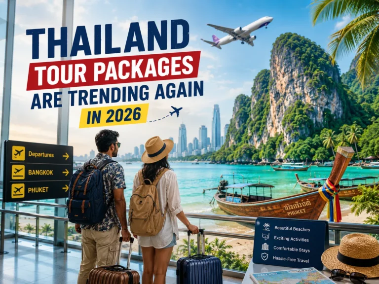 Indian travelers planning Thailand vacation package at airport with tropical destination background